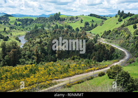 Un binario ferroviario avvolgimento attraverso una campagna verde come si vede da Piriaka lookout, Nuova Zelanda Foto Stock