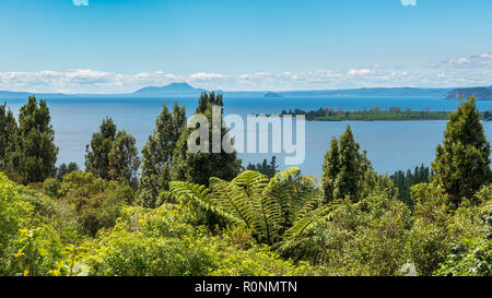 Acque blu del lago Taupo come si vede dalla Statale 41 in Nuova Zelanda Foto Stock