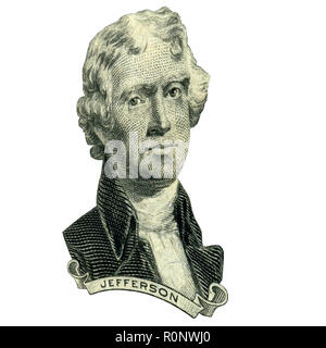Ritratto di ex presidente degli Stati Uniti Thomas Jefferson come egli guarda su due dollari complementare. Foto ad un angolo di 15 gradi. Foto Stock