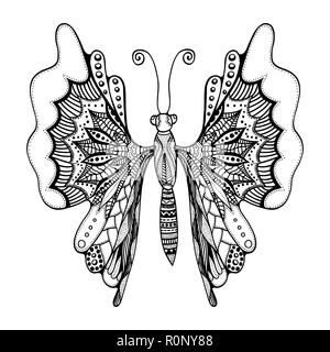 Zentangle stilizzata butterfly. Bianco nero disegnato a mano doodle animale. Modellato etnica illustrazione vettoriale. Africano, indiano, totem tribal design. Schizzo Illustrazione Vettoriale