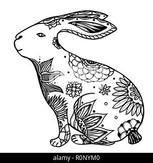 Decorativi disegnati a mano doodle illustrazione di coniglio. Ornate white hare disegno Illustrazione Vettoriale