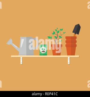 Utensili da giardinaggio e prodotti su un ripiano di legno . Illustrazione Vettoriale Illustrazione Vettoriale