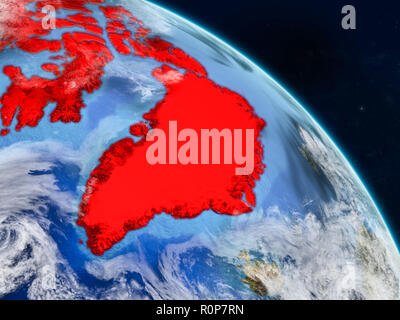 La Groenlandia dallo spazio sul modello realistico del pianeta Terra con i confini e dettagliata superficie planet e nuvole. 3D'illustrazione. Gli elementi di questo Foto Stock