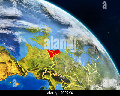 Unione Benelux dallo spazio sul modello realistico del pianeta Terra con i confini e dettagliata superficie planet e nuvole. 3D'illustrazione. Elementi del Foto Stock