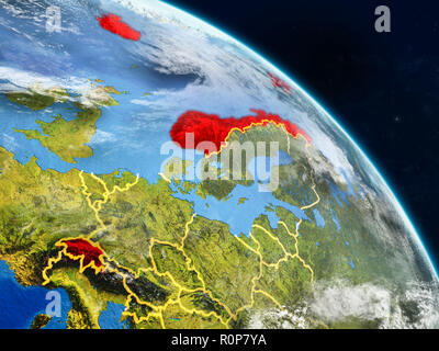 Paesi EFTA dallo spazio sul modello realistico del pianeta Terra con i confini e dettagliata superficie planet e nuvole. 3D'illustrazione. Elementi del Foto Stock