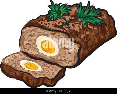 Illustrazione del preparato pagnotta di carne con uovo su una piastra Illustrazione Vettoriale