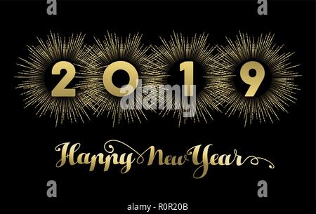 Felice anno nuovo 2019 golden banner design, testo in oro con fuochi d'artificio esplosione decorazione. Illustrazione Vettoriale