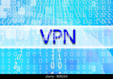 Il testo iscrizione VPN è scritto su un campo semitrasparente circondato da una serie di figure astratte Foto Stock