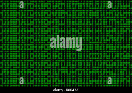 Immagine di un sfocata codice binario composto da una serie di numeri verdi su sfondo nero Foto Stock