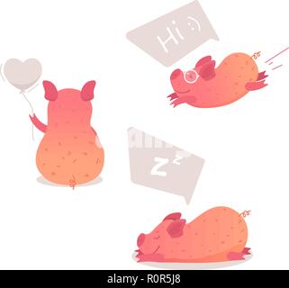 Set di maiale simpatici personaggi dei cartoni animati in pose diverse. Illustrazione Vettoriale Illustrazione Vettoriale