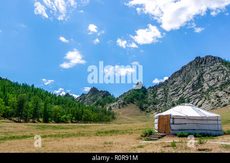 Gorkhi-Terelj Parco Nazionale, Tov Provincia, Mongolia - Luglio 10, 2010: Tradizionale yurt chiamato ger in tourist camp in Gorkhi-Terelj Parco Nazionale. Foto Stock