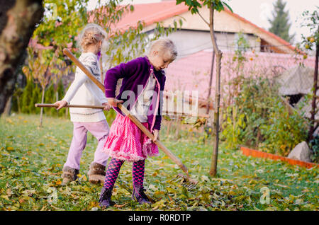 Due bambini caduti a rastrellare foglie autunnali in giardino Foto Stock