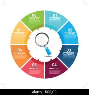Lente di ingrandimento ed infografico cerchio. Concetto di ricerca. Illustrazione Vettoriale. Illustrazione Vettoriale