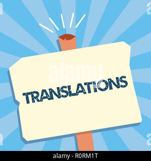 La scrittura della nota mostra traduzioni. Business photo presentazione processo di traduzione di testi da una lingua a un'altra. Foto Stock