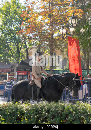 Ankara/Turchia- Ottobre 29 2018: Turco le truppe montate holding bandiera in vecchio stile uniforme militare passare durante la sfilata del 29 ottobre Giorno della Repubblica celebr Foto Stock