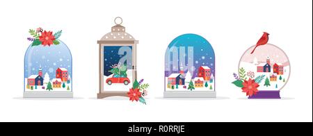 Buon Natale, Winter Wonderland scene in raccolta di Snow Globe, concetto illustrazione vettoriale Illustrazione Vettoriale