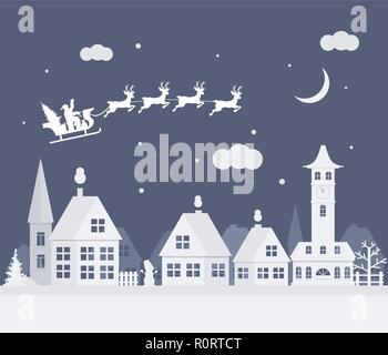 Buon Natale e felice anno nuovo. Una piccola città con Santa nel cielo su di una slitta con i cervi. Illustrazione Vettoriale