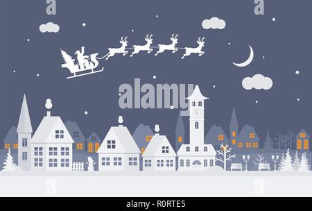 Buon Natale e felice anno nuovo. Una piccola città con Santa nel cielo su di una slitta con i cervi. Arte di carta in stile digitale. Illustrazione Vettoriale. Illustrazione Vettoriale