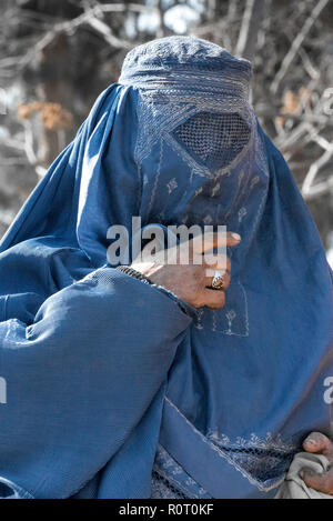 Donna Shopping con tradizionale burqa, Balkh provincia nord Afghanistan Foto Stock