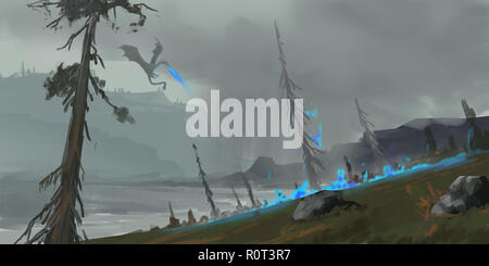 Dragon Land. Argomento di fantasia. SpitPaint. Concept Art. Fast disegni. Schizzo di vernice. Stile realista. Video Gioco Digital CG Artwork, concetto illustrazione Foto Stock