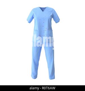 Blu uniforme medico macchiate di sangue isolato su bianco. 3D illustrazione Foto Stock