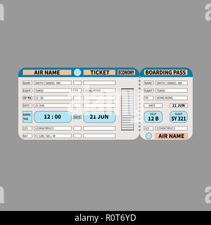 Modello di una carta di imbarco e biglietto aereo con codice a barre. Moderno concetto di biglietti per viaggi in aereo. Illustrazione Vettoriale. In stile appartamento. Illustrazione Vettoriale