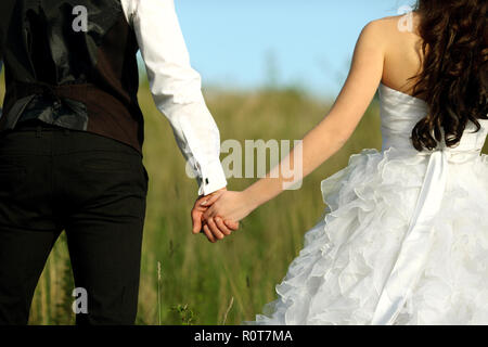 Vista posteriore della sposa in abito bianco e lo sposo in tuta azienda ogni altre mani all'aperto Foto Stock