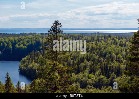 Vista dell'isola di Anzersky bianco e il mare dal Monte Calvario sull isola Anzersky, Isole Solovki, regione di Arkhangelsk, Russia Foto Stock