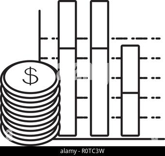 Grafici statistici in barre con una pila di monete illustrazione vettoriale design Illustrazione Vettoriale
