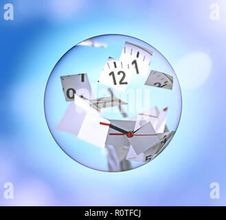 Orologio rotto in pezzi dentro una sfera di vetro su una luce blu sfondo bokeh di fondo. 3D rendering immagine Foto Stock