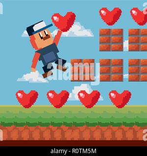 Carattere con il cuore del pixel del livello video gioco illustrazione vettoriale Illustrazione Vettoriale