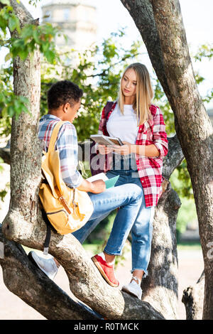 Gli studenti teen giovane rilassante su albero chiacchierando dopo scuola Foto Stock