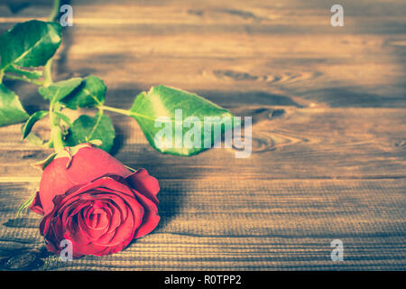 Rose rosse fiori su sfondo di legno, vintage foto con spazio di copia Foto Stock