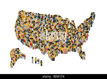 Il gruppo internazionale dei popoli di differenti status sociale stand in USA mappa silhouette su bianco Illustrazione Vettoriale