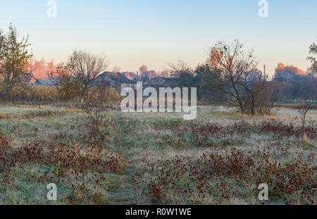 La mattina presto il paesaggio con percorso pedonale attraverso Prato autunnale nel villaggio Pidstavky, Sumskaya, Oblast di Ucraina Foto Stock