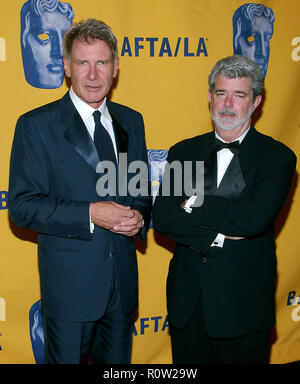 Harrison Ford e George Lucas alla undicesima edizione del premio BAFTA-LA -Britannia Awards presentato da George Lucas presso il Beverly Hilton di Los Angeles. Aprile 12, Foto Stock