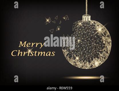 Merry Christmas greeting card poligonale con albero di Natale palla e pezzi battenti apart. Cartolina luminosi per le vacanze. Illustrazione Vettoriale on dark bac Illustrazione Vettoriale
