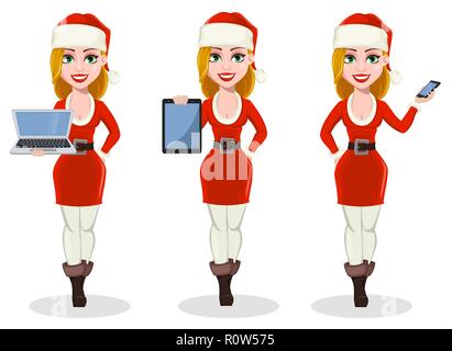 Auguri di Buon Natale. Bella donna di Santa Claus costume, set di tre pose. Personaggio dei fumetti holding laptop, tenendo tablet e smartphone di contenimento. Illustrazione Vettoriale