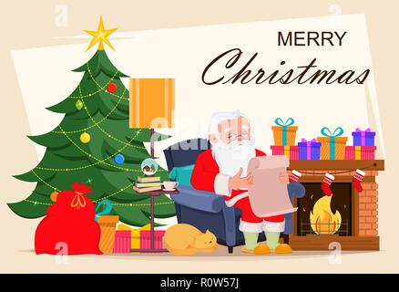 Buon Natale biglietto di auguri con Babbo Natale seduto in poltrona a casa vicino al camino e lettura la lettera da bambini. Illustrazione Vettoriale Illustrazione Vettoriale