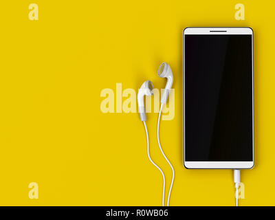 Smartphone con display vuoto e auricolari cablati su sfondo giallo, vista dall'alto Foto Stock