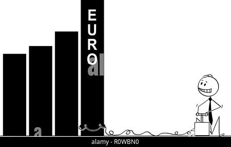 Cartoon di imprenditore utilizzando il detonatore ed esplosivo per distruggere Euro grafico o diagramma Illustrazione Vettoriale