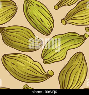 Semi di cardamomo vector pattern sul colore di sfondo Illustrazione Vettoriale