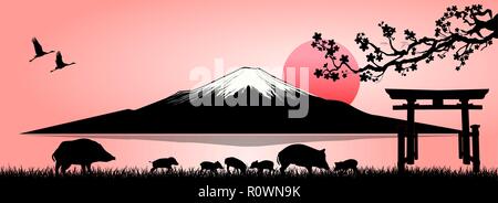 Silhouette monte Fuji al tramonto. Famiglia di cinghiali sullo sfondo del Monte Fuji. Illustrazione Vettoriale