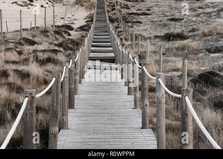 In legno e fatiscente weathered boardwalk con fune di ringhiere che conducono verso la collina sopra erboso dune di sabbia. Sharp lungo la profondità di campo Foto Stock