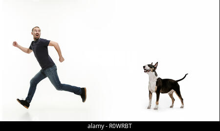 Ritratto emotivo di paura l'uomo e il suo cane, il concetto di amicizia e la cura dell'uomo e l'animale. Bull Terrier tipo cane bianco su sfondo per studio Foto Stock