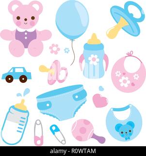 Accessori per la nursery per neonati e bambini piccoli. Set doccia per bambini, biberon, pannolini, giocattoli. Serie di illustrazioni vettoriali Illustrazione Vettoriale