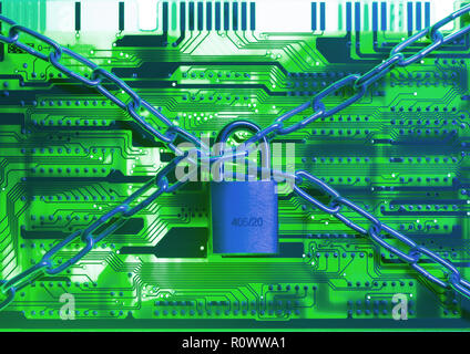 Cyberattacke, Platine mit Vorhaengeschloss Foto Stock