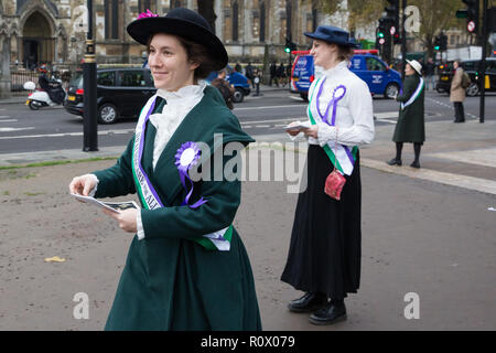 Londra, Regno Unito. 6 Novembre, 2018. Gli attivisti femminista vestito come suffragettes distribuire volantini in piazza del Parlamento per la domanda di accesso assistenza sanitaria per tutti. Foto Stock