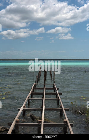 Vecchio rotto dal molo presso la laguna di Bacalar, Quintana Roo, Messico. Foto Stock