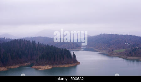 Paesaggio di montagna con grande lago e la foresta di pini su un nuvoloso giorno d'autunno. Silenziose acque nd vista panoramica Foto Stock